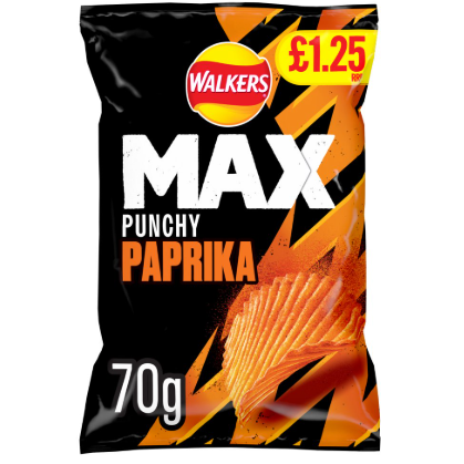 WALKERS MAX PUNCHY PAPRIKA CRISPS 1.25 RRP PMP 70G