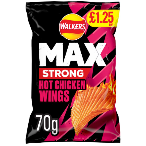 WALKERS MAX STRONG HOT CHICKEN WINGS CRISPS 1.25 RRP PMP 70G
