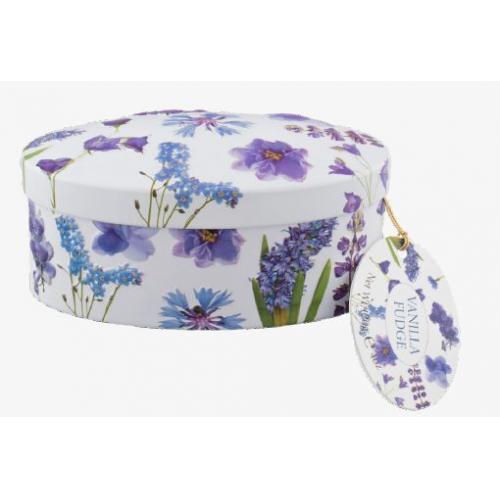 Fudge Tin Oval Vanilla Purple Flower